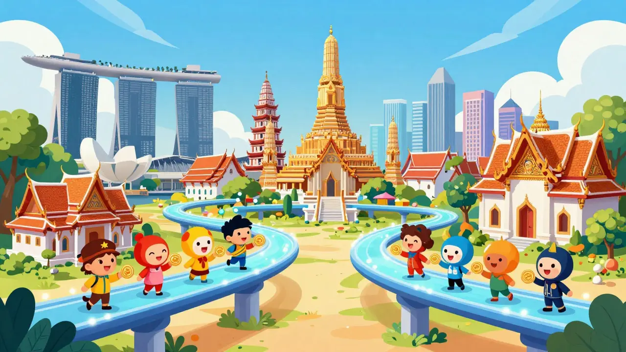 Colorful cartoon showing Ripple partnerships in Southeast Asia
