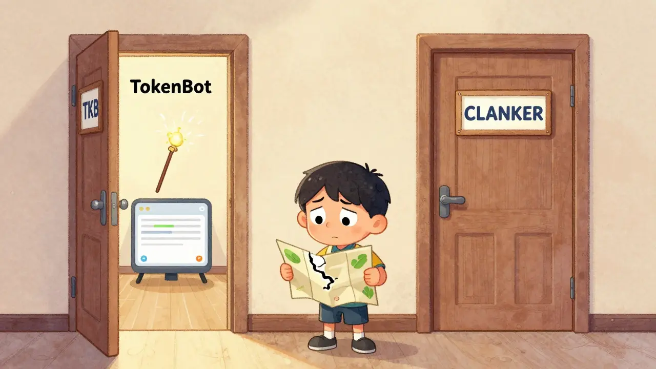 Confused character faces TKB and CLANKER doors at TokenBot platform