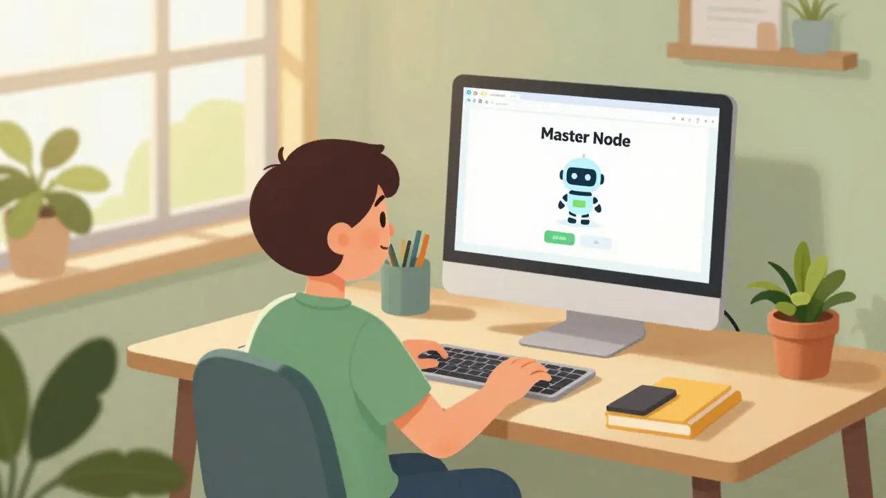 Cozy scene of a character setting up a friendly node robot on their computer