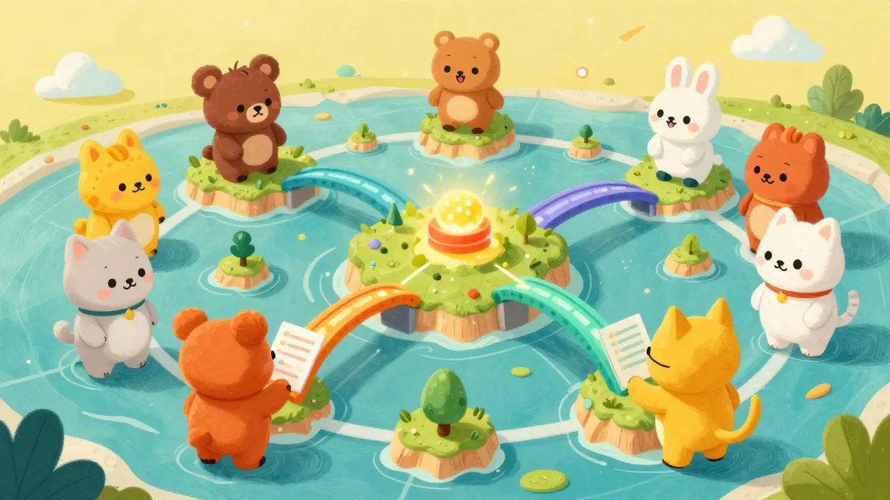 Cute animals crossing a magical blockchain bridge together