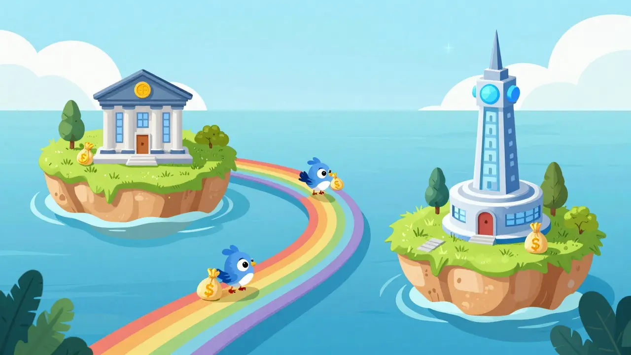 Cute birds carrying coins between two islands representing price balance