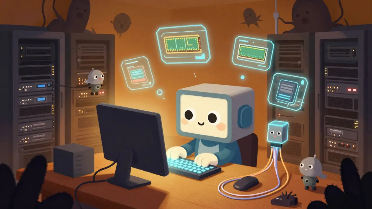 Cute computer character in a magical server room with helper sprites blocking threats