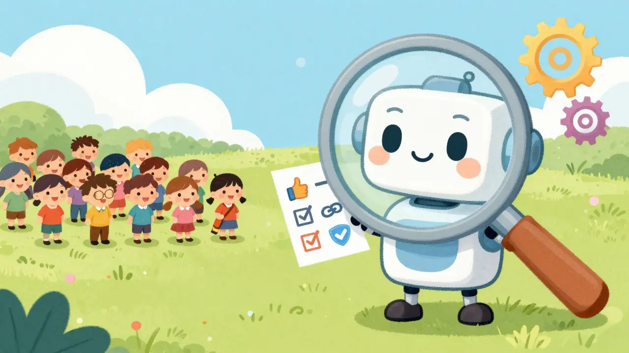 Cute robot holding a checklist next to a crowd of tiny people