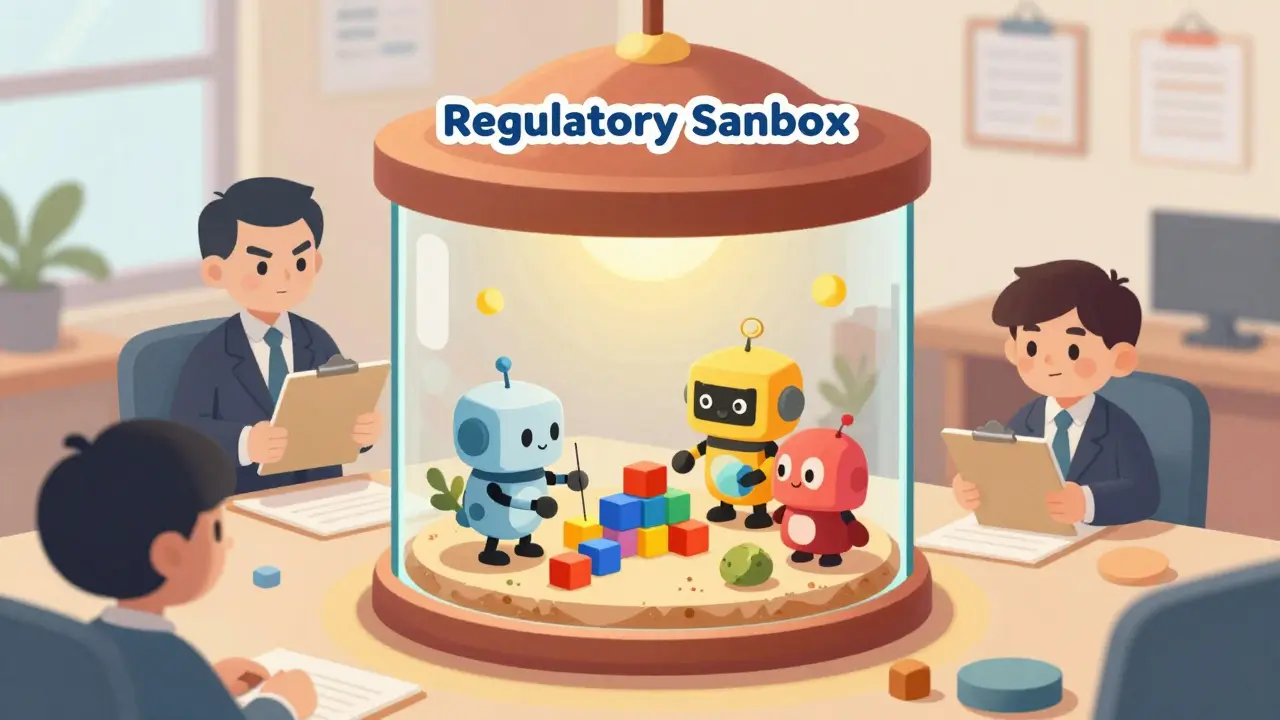 Cute robots testing blockchain tech inside a safe glass sandbox environment