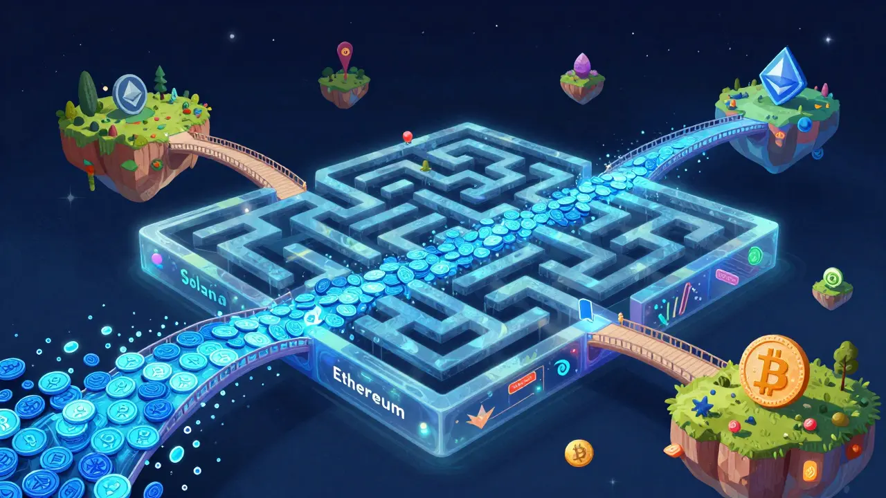 Digital coins flowing across magical blockchain bridge maze