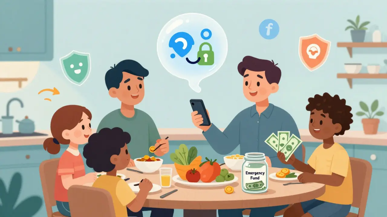 Family in kitchen using phone payment and keeping cash in a jar