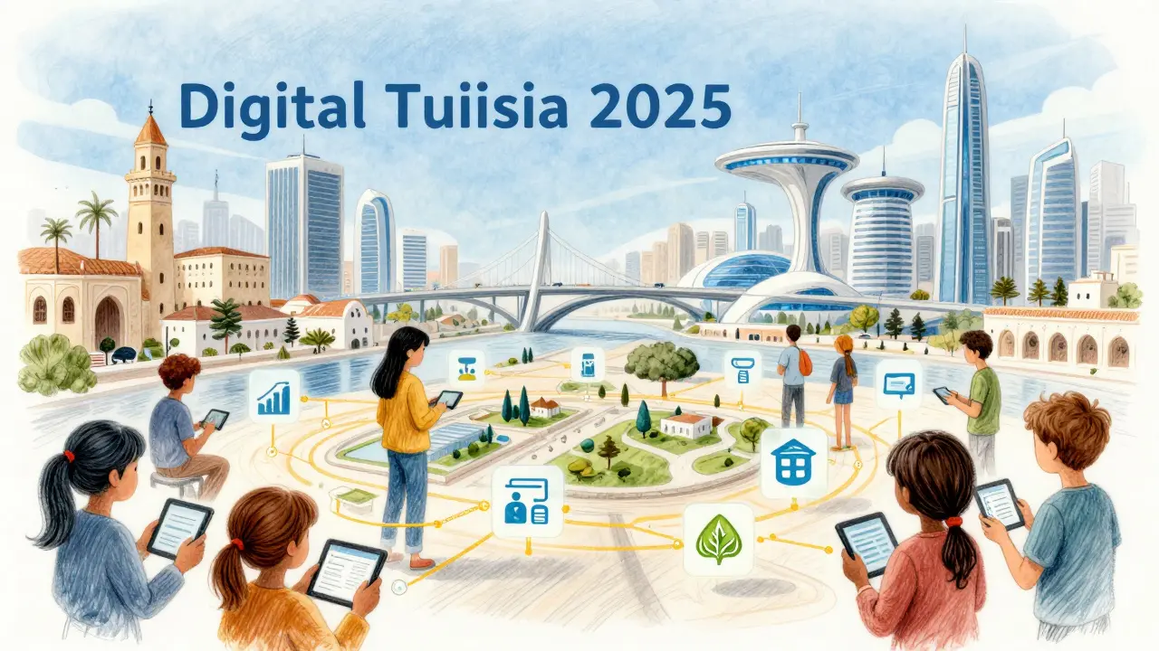 Futuristic Tunisian city showing blockchain use in logistics and records