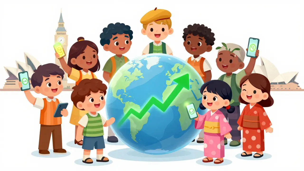 Global characters using phones to access tokenized stocks on a map.
