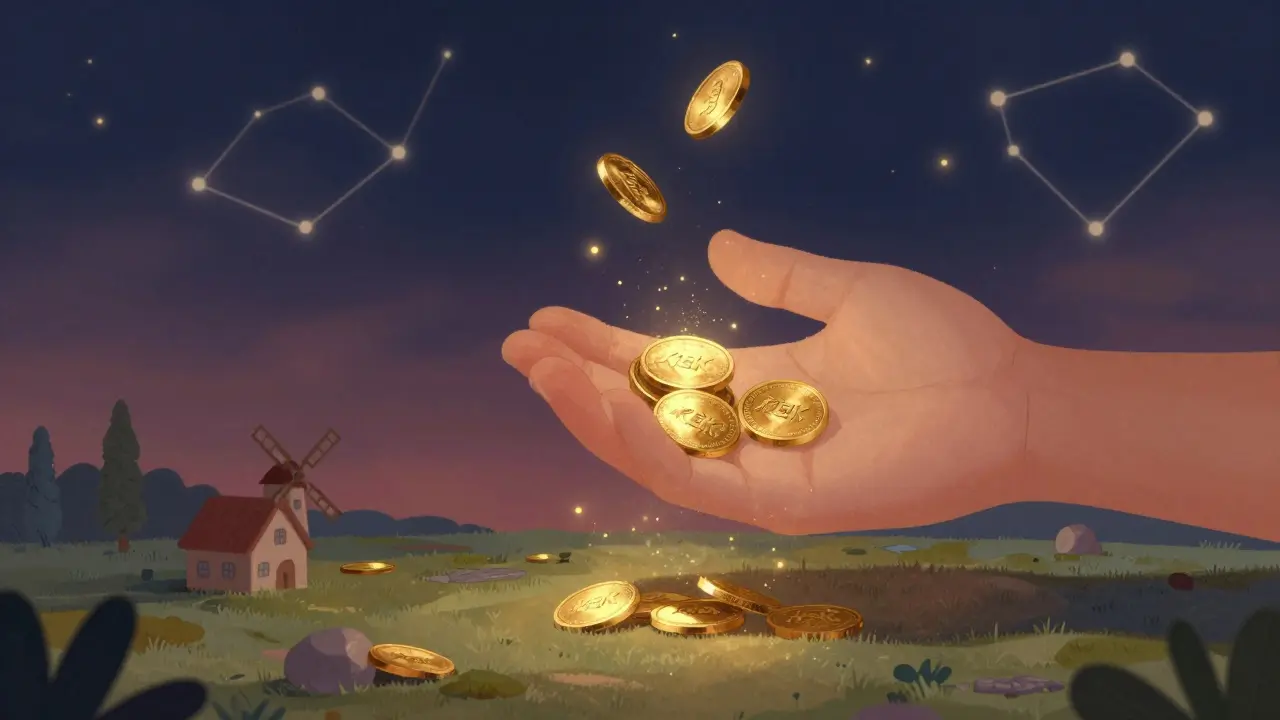 Golden glowing particles being collected from virtual land at twilight