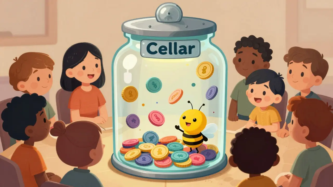 Happy characters watching assets safely managed inside a glass cellar