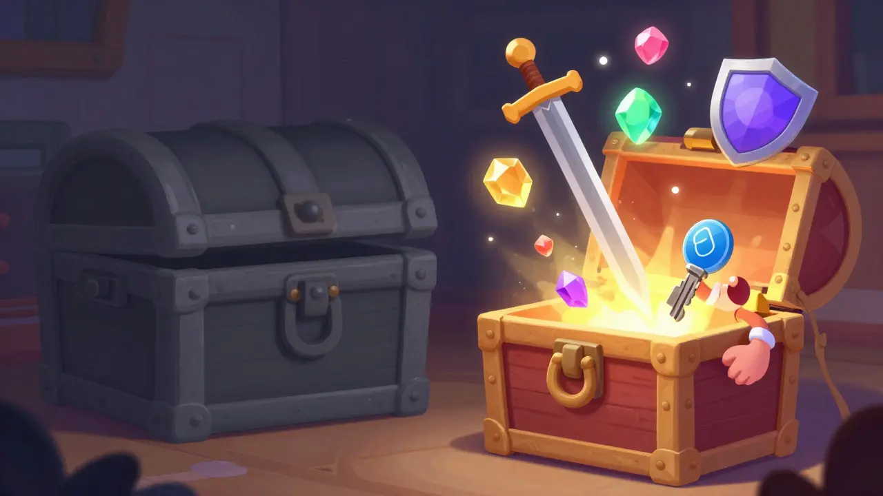 Illustration comparing a locked chest to an open one spilling free game assets
