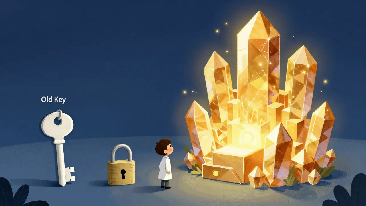 Illustration comparing a tiny old key to a massive, glowing crystal fortress representing new crypto security.