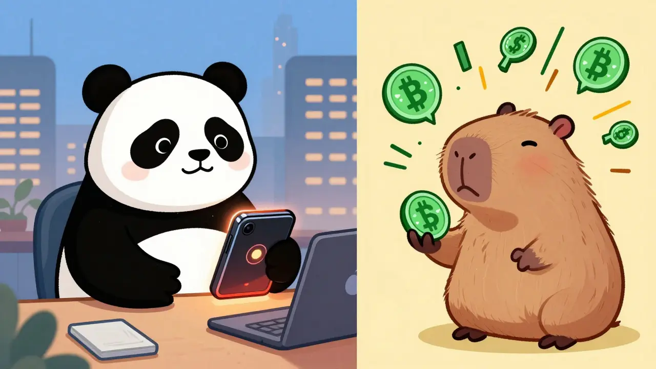 Illustration comparing stable digital yuan wallet with volatile bitcoin coin