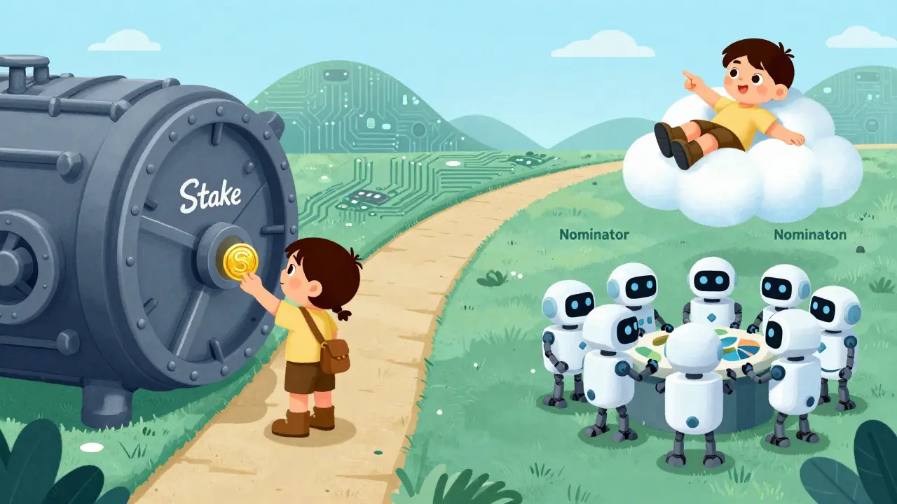 Illustration comparing staking tokens in a vault versus delegating to validator robots