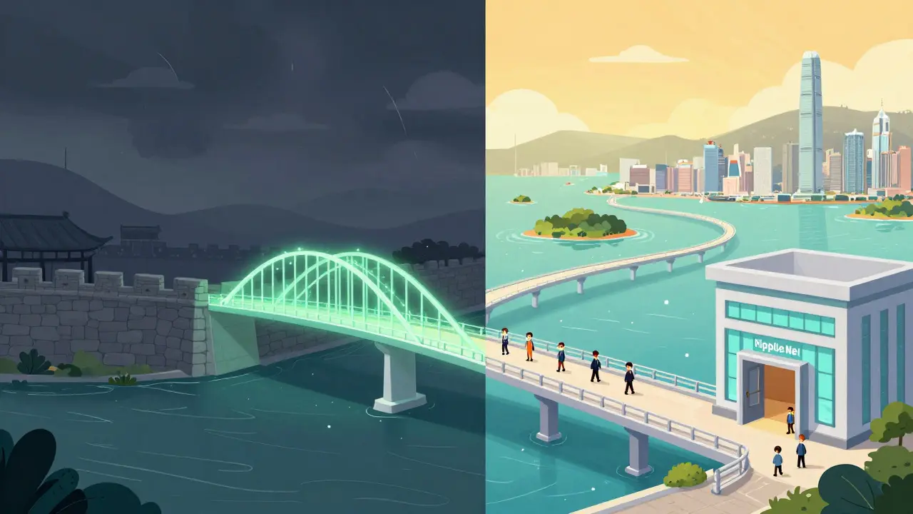 Illustration contrasting banned crypto in China with legal trading in Hong Kong