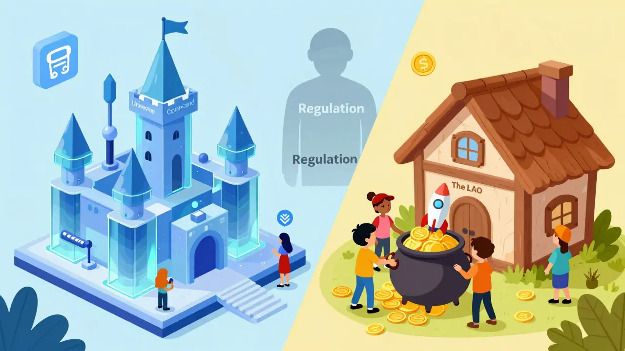 Illustration of digital castles and a house, showing DeFi and investment DAOs.