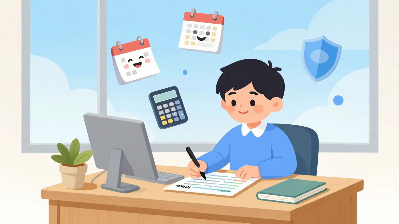 Illustration of person happily filing taxes with legal compliance icons