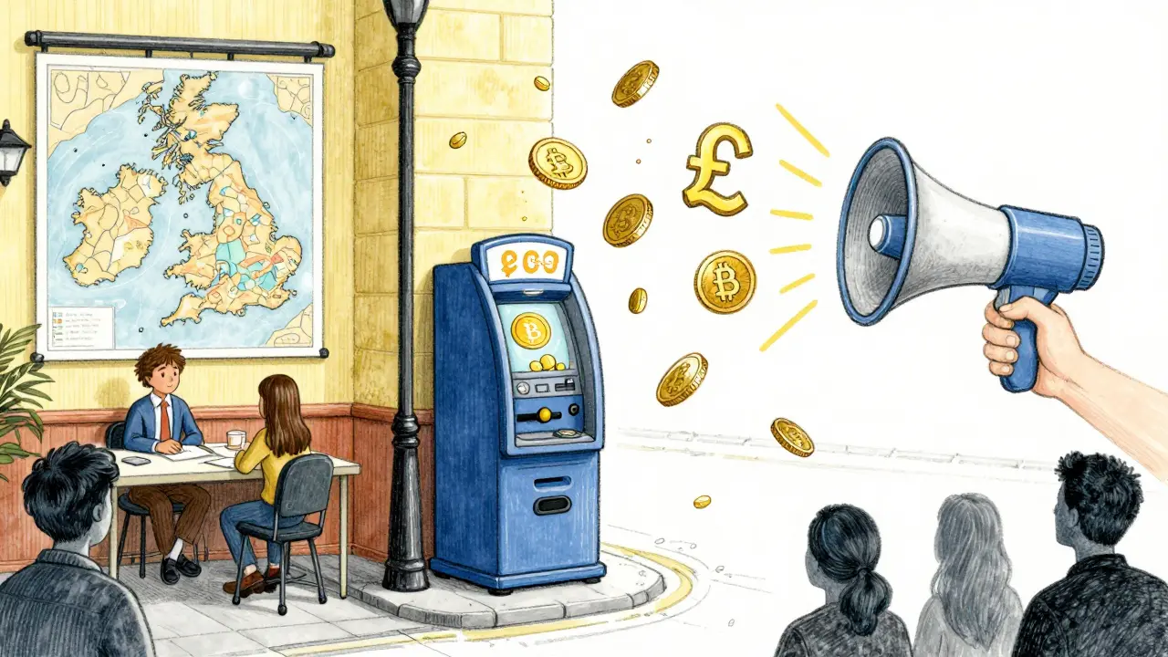 Illustration of UK office, crypto ATM, and marketing megaphone