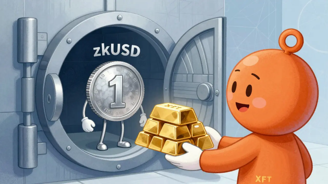 Illustration of XFT token exchanging collateral for a private zkUSD coin in a vault