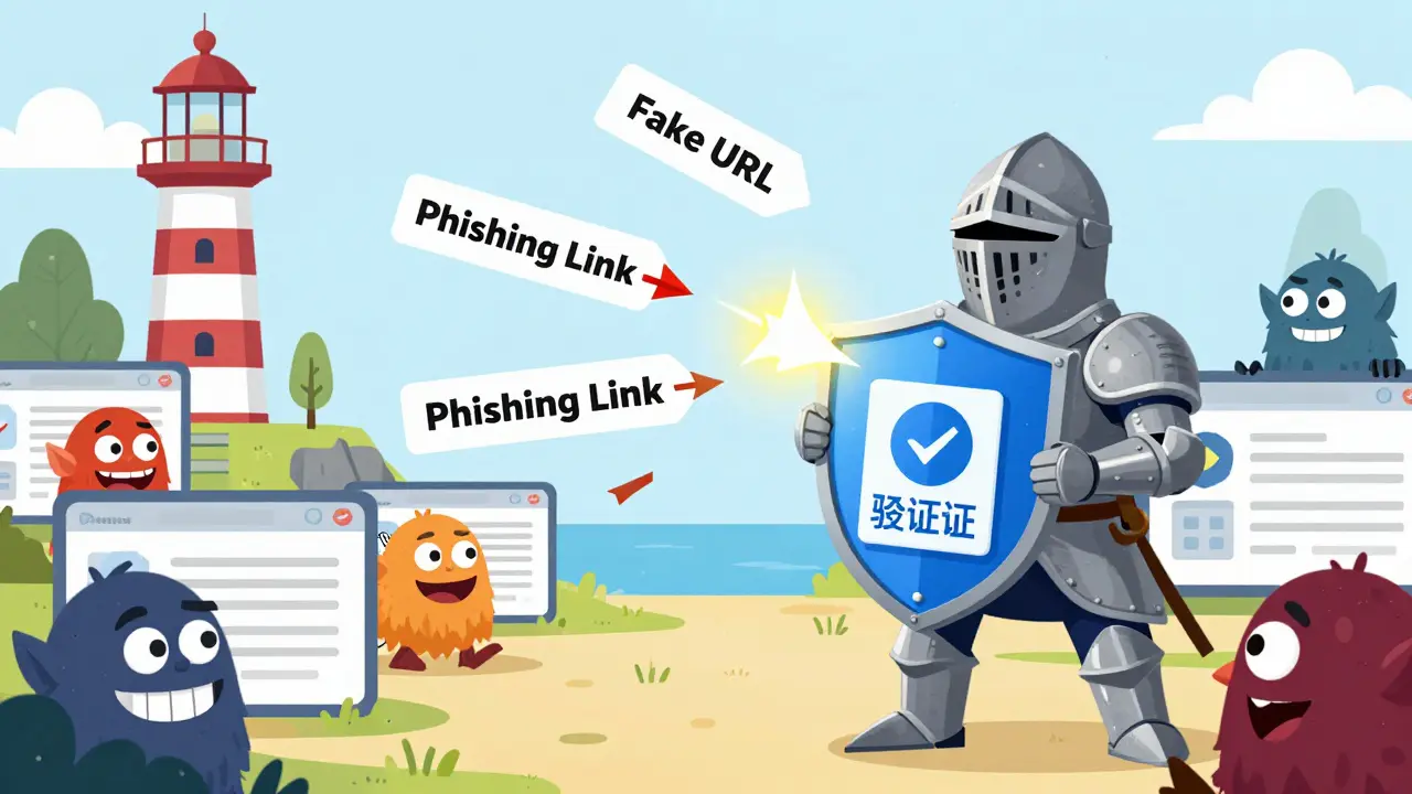 Knight blocks phishing arrows with a verification badge shield