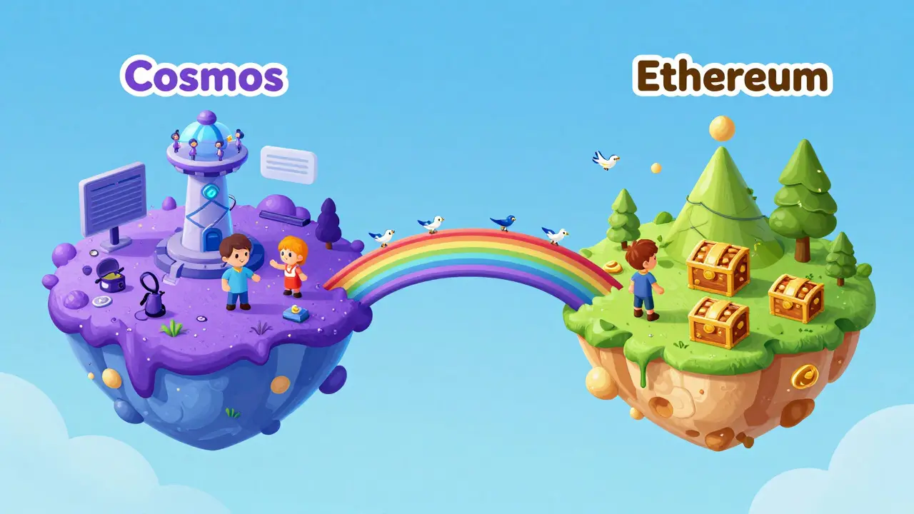 Magical bridge connecting two blockchain islands with messenger birds