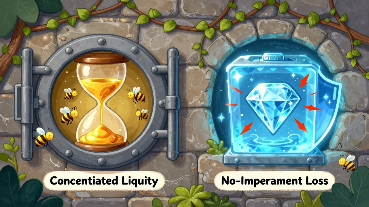 Magical vaults protecting assets from volatility with shields and flowing gold.