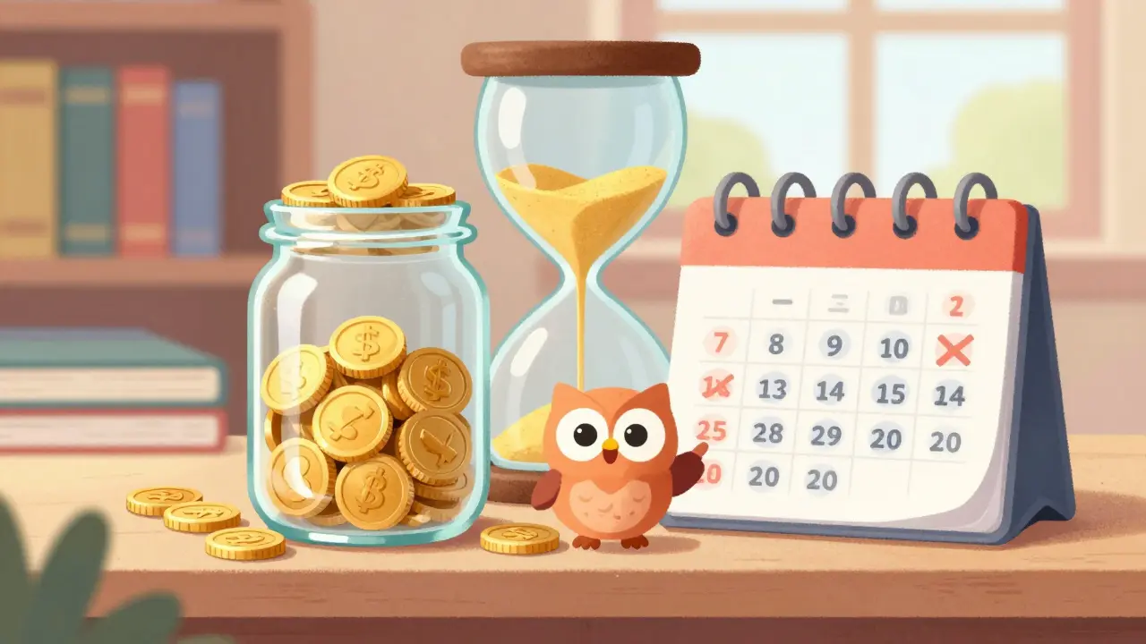 Owl explaining token vesting with a jar of gold coins and calendar