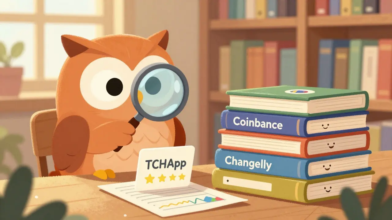 Owl librarian comparing a single-star review card to thick books of established exchanges.