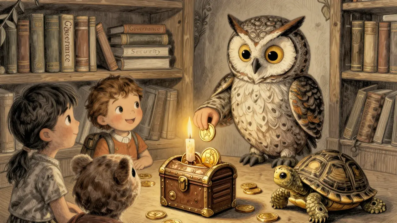 Owl librarian distributing tokens to students in a cozy library