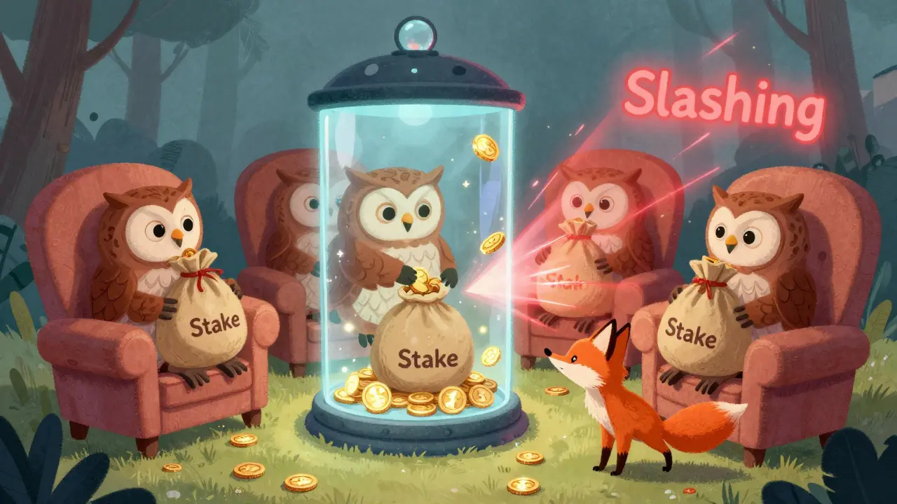 Owls staking coins in a secure vault to prevent Proof of Stake attacks