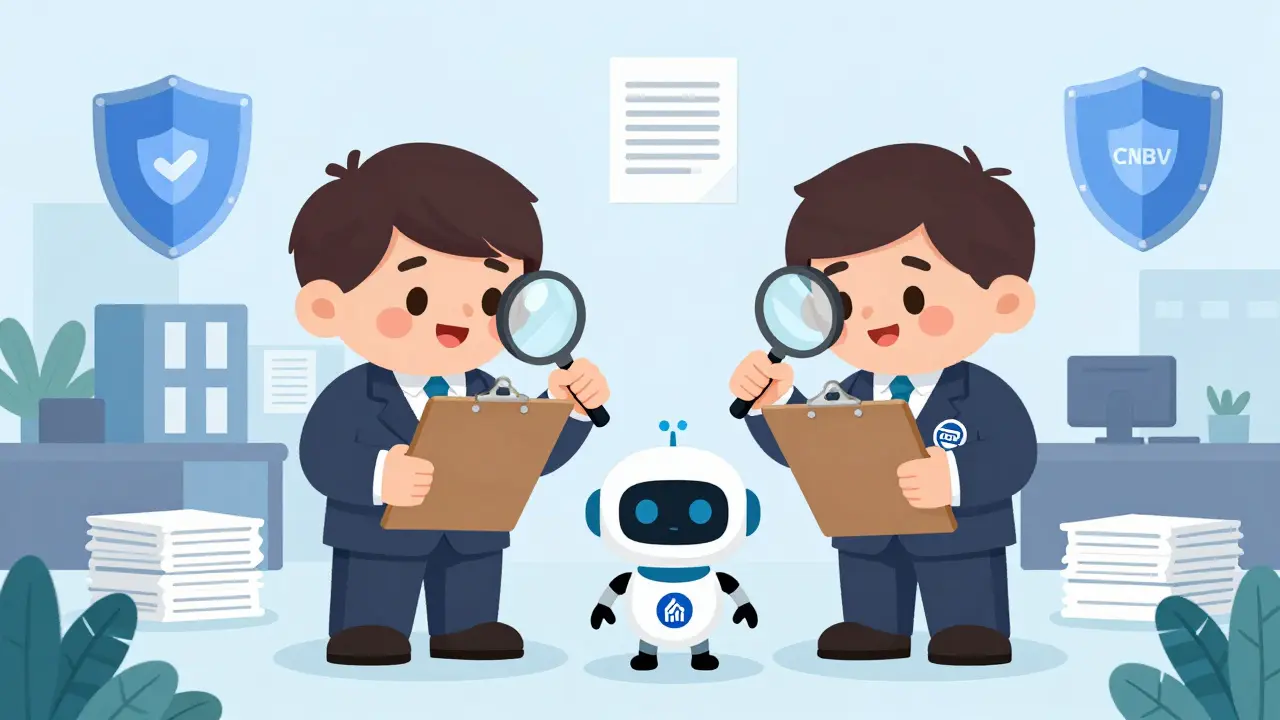 Regulators inspecting a fintech startup robot