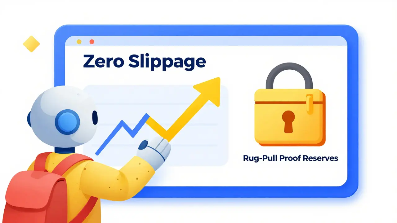 Robot showing safe trading features like zero slippage and secure reserves on a screen