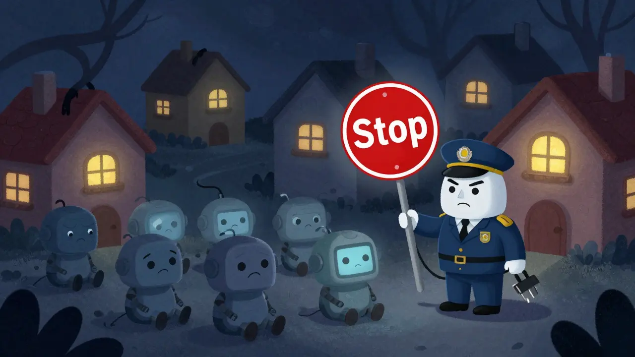 Sad robot miners in the dark as village lights go out