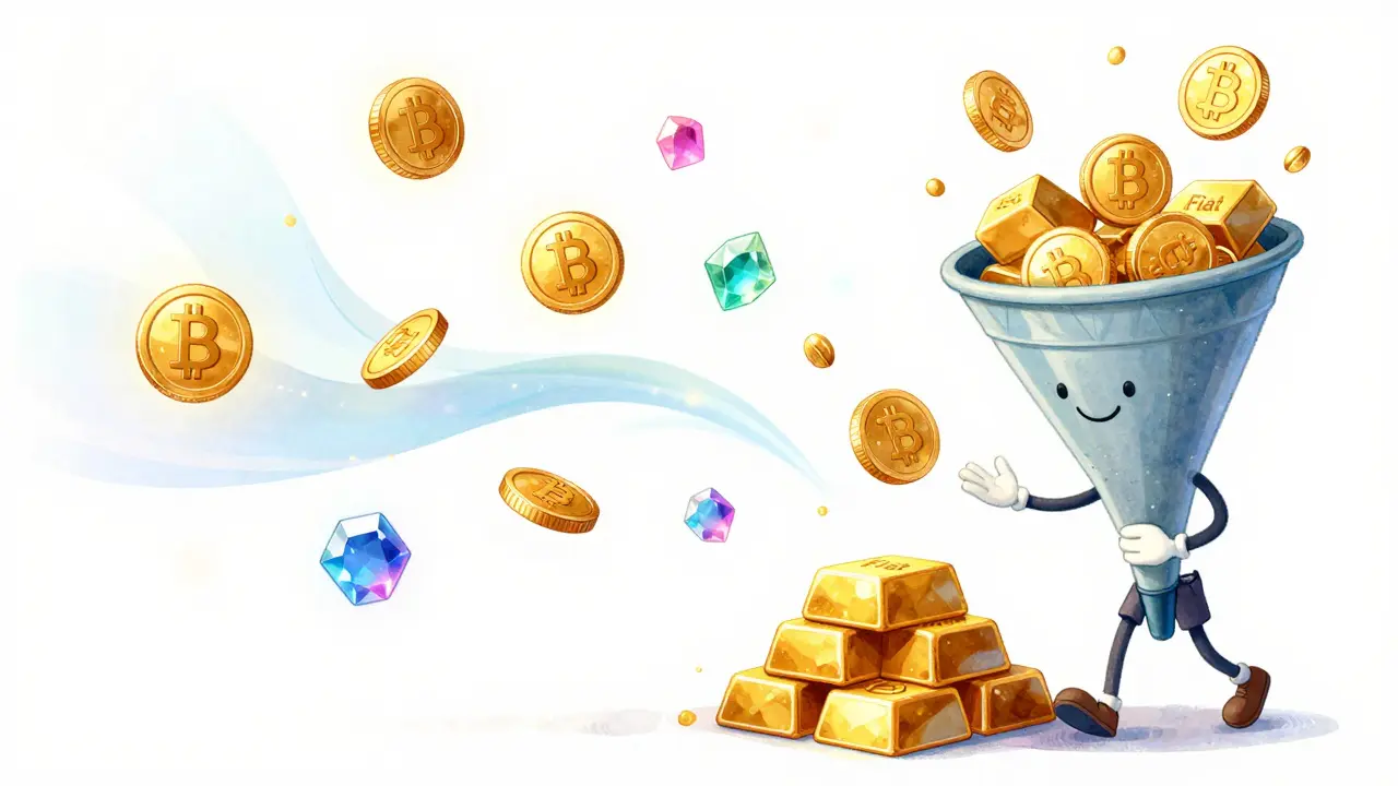 Whimsical drawing of crypto gems turning into stable gold bars via a funnel.