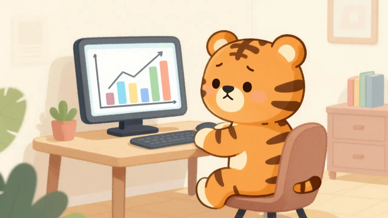 A cartoon tiger looking at declining market charts on a computer, representing price volatility.
