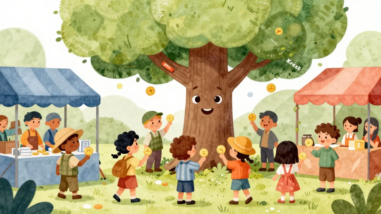 A cheerful marketplace scene with characters exchanging tokens under a large ecosystem tree.