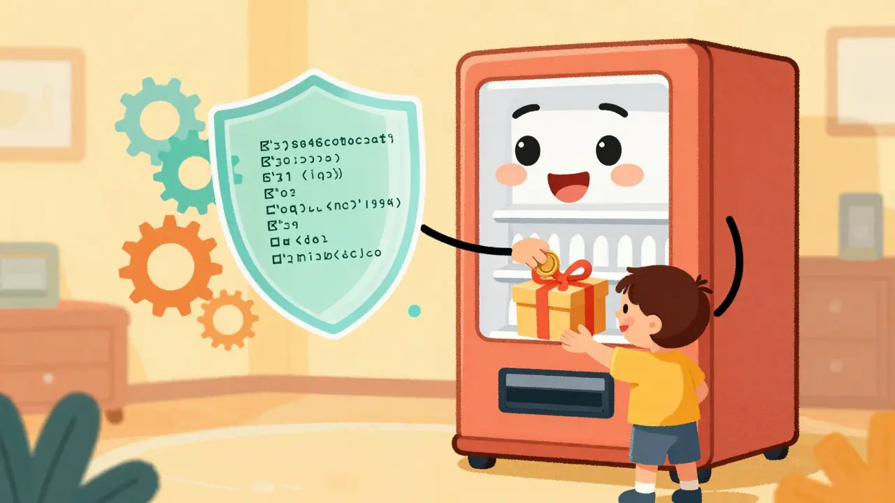 A smiling vending machine dispensing a gift as a child inserts a coin, surrounded by code.