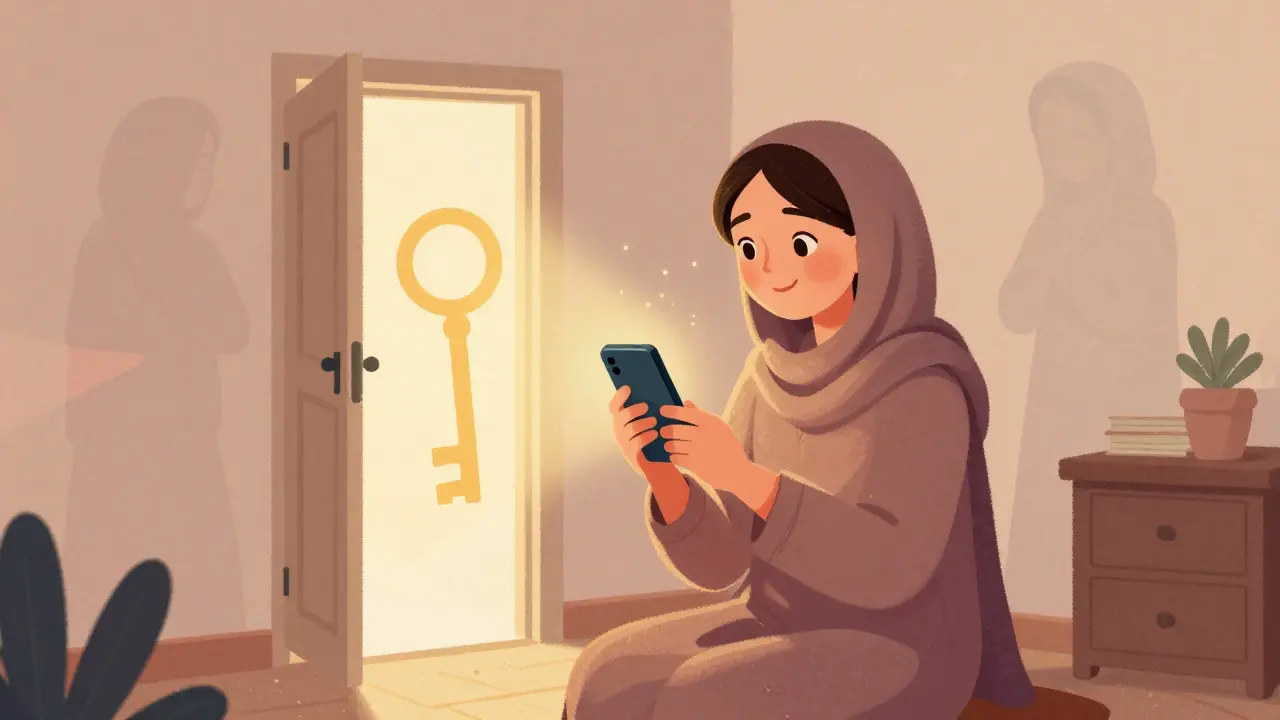 An Afghan woman holds a glowing phone, symbolizing financial freedom and hope.