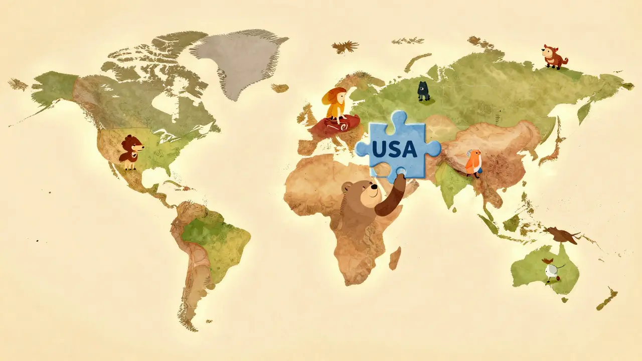 Animal characters assembling a glowing world map puzzle representing mining locations