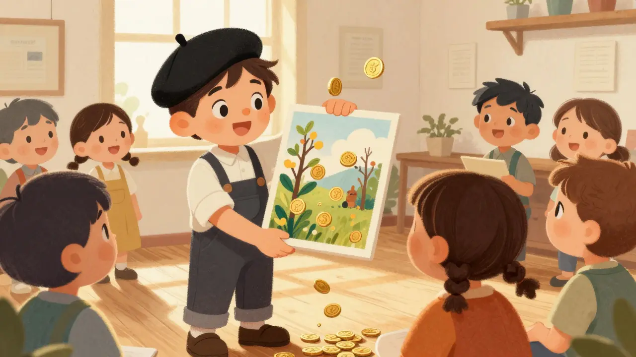 Artist receiving automatic royalty coins while selling a painting