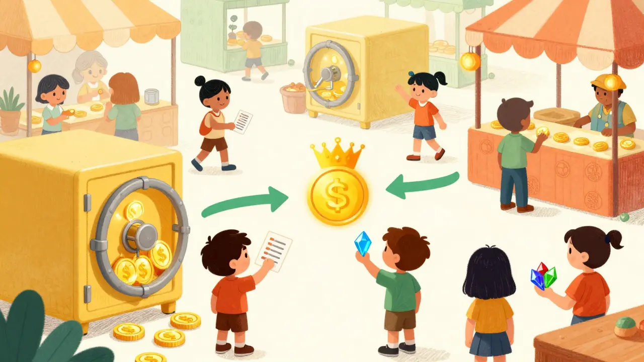 Cartoon characters locking tokens and voting in a vibrant marketplace