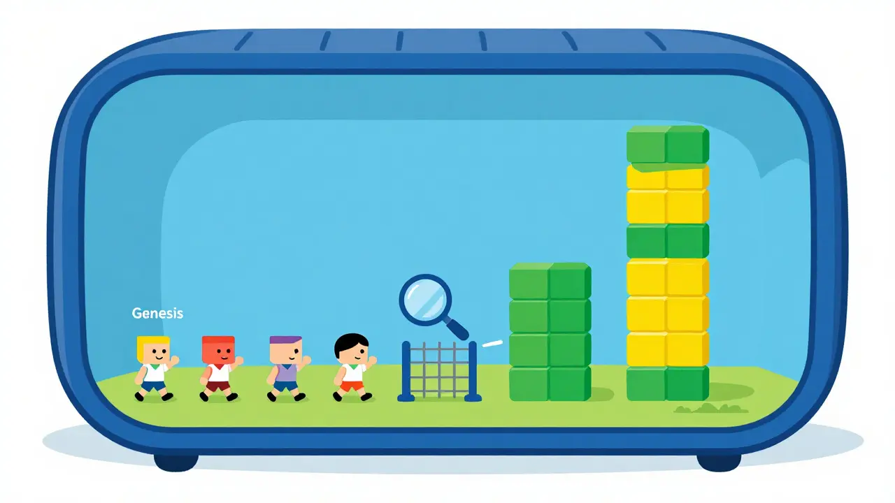 Cartoon cutaway of a server showing blocks being validated and stacked, explaining the sync process steps.