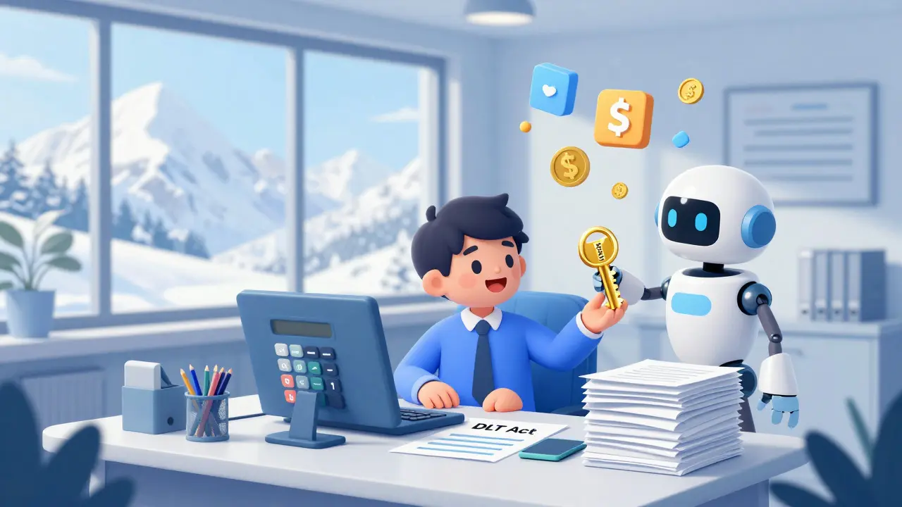 Cartoon entrepreneur receiving a license for tokenized assets in a bright office