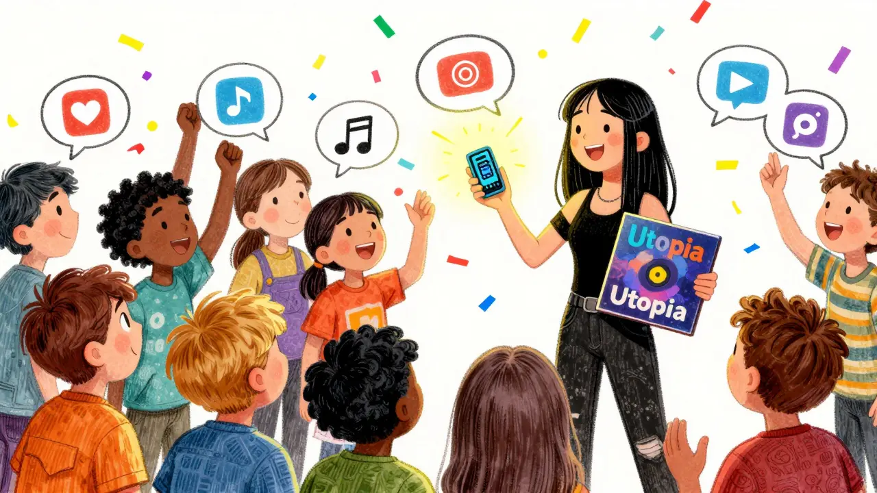 Cartoon of singer distributing crypto tokens to happy fans in 2017