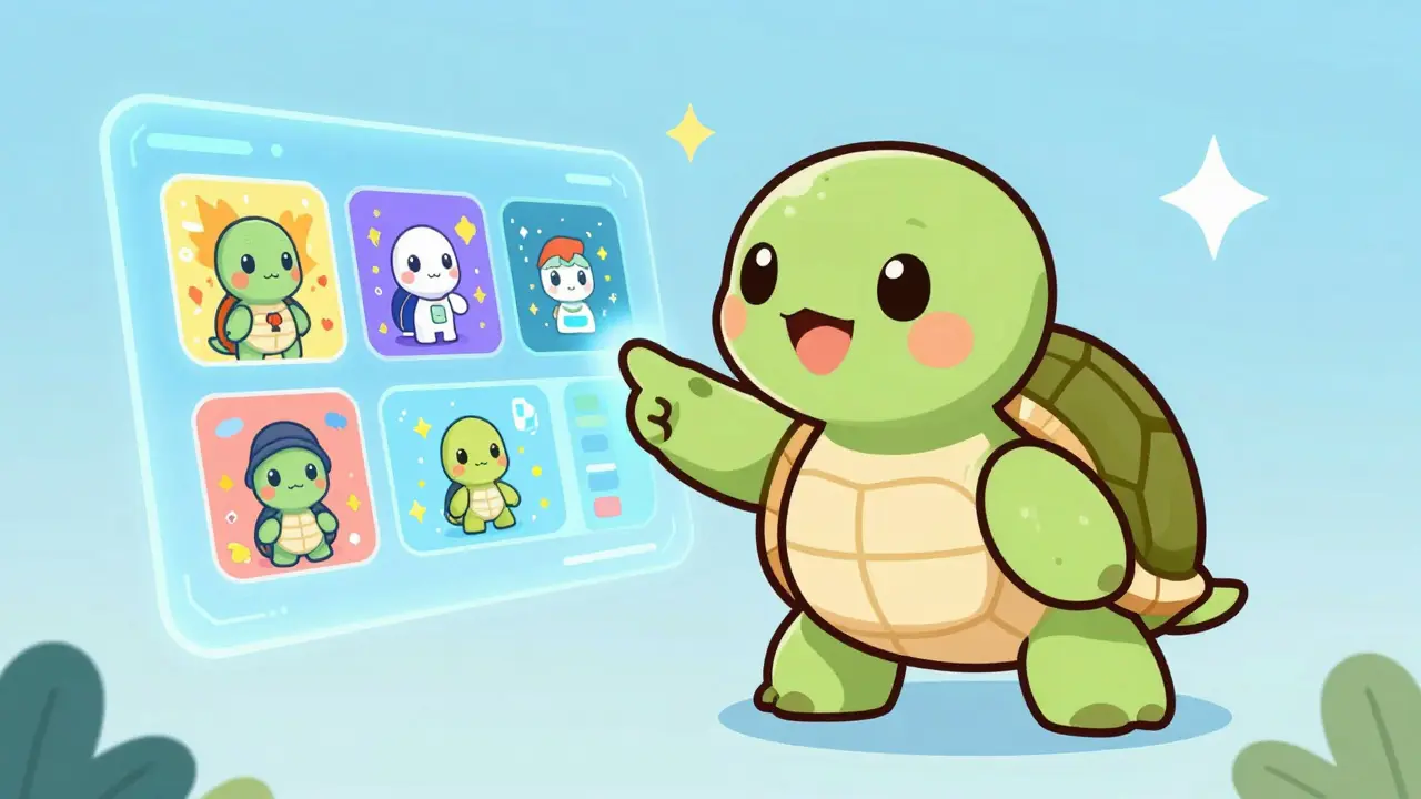 Cartoon turtle interacting with a holographic screen showing AI-generated art and videos.