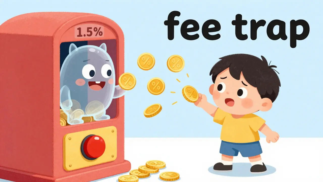 Character losing coins to a percentage monster illustrating high fees in illustration