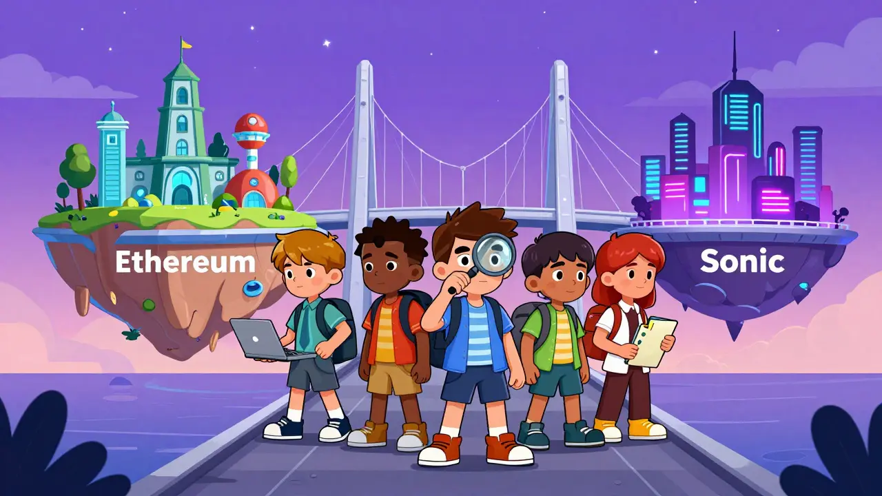 Characters crossing bridge between Ethereum and Sonic