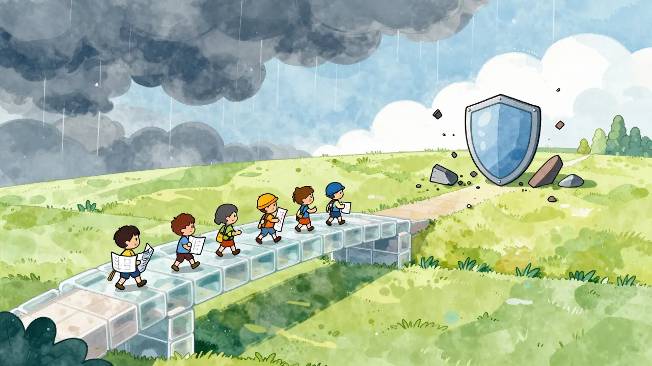 Cheerful figures rebuilding a bridge after a storm