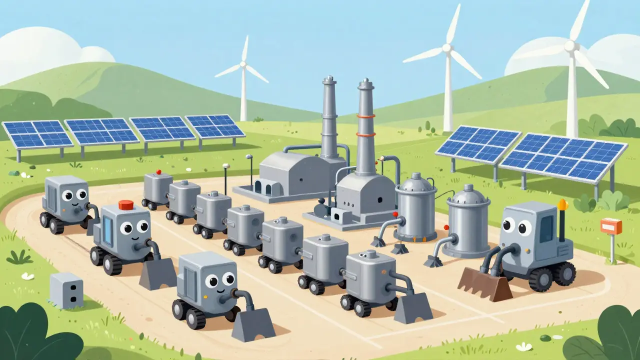 Cute mining robots working alongside wind turbines in a green energy facility