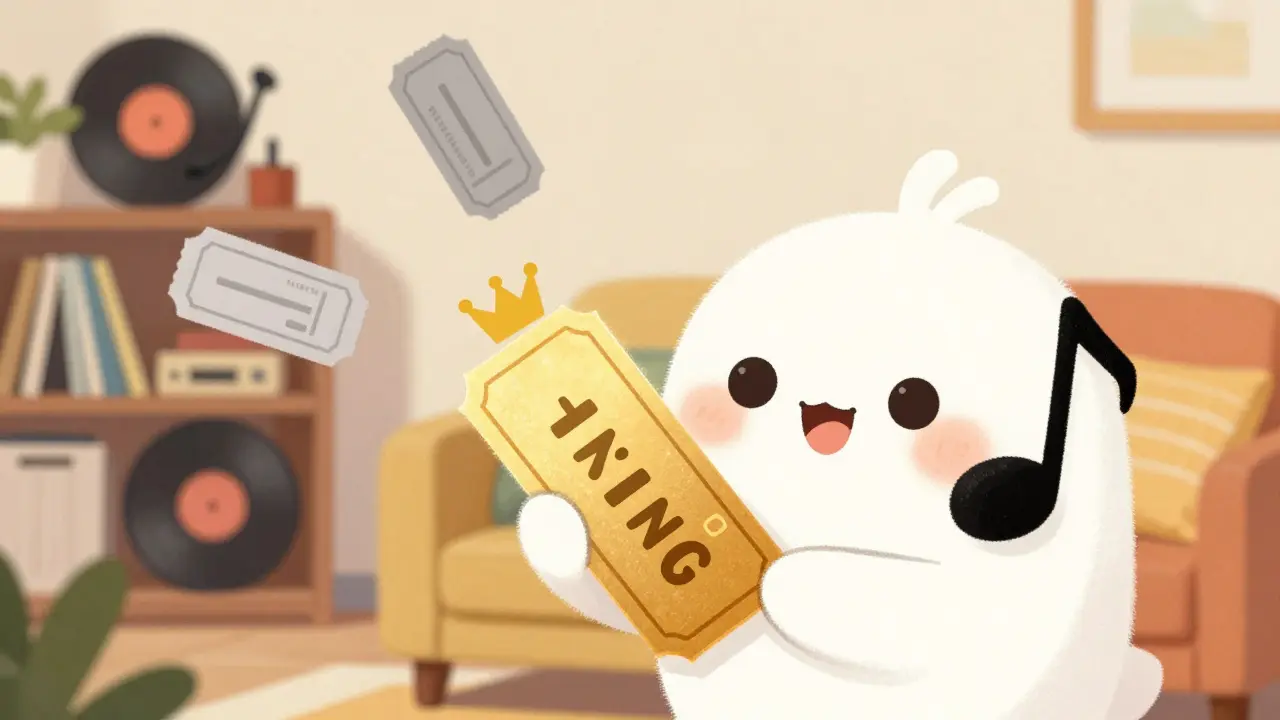 Cute music note holding a unique golden ownership token, contrasting with generic streaming tickets.